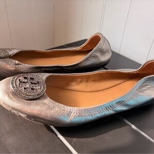 Tory Burch Iridescent Silver Logo Ballet Flats
